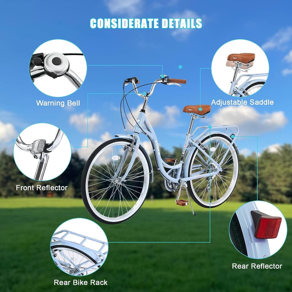 GOJLEX Beach Cruiser Bike for Women, 26” Cruiser Bike 7 Speeds, Lightweight High Carbon Steel Ladies Bike with Adjustable Saddle Rear Rack, Suggested Rider 5 to 62 Tall, Max Weights 300lbs