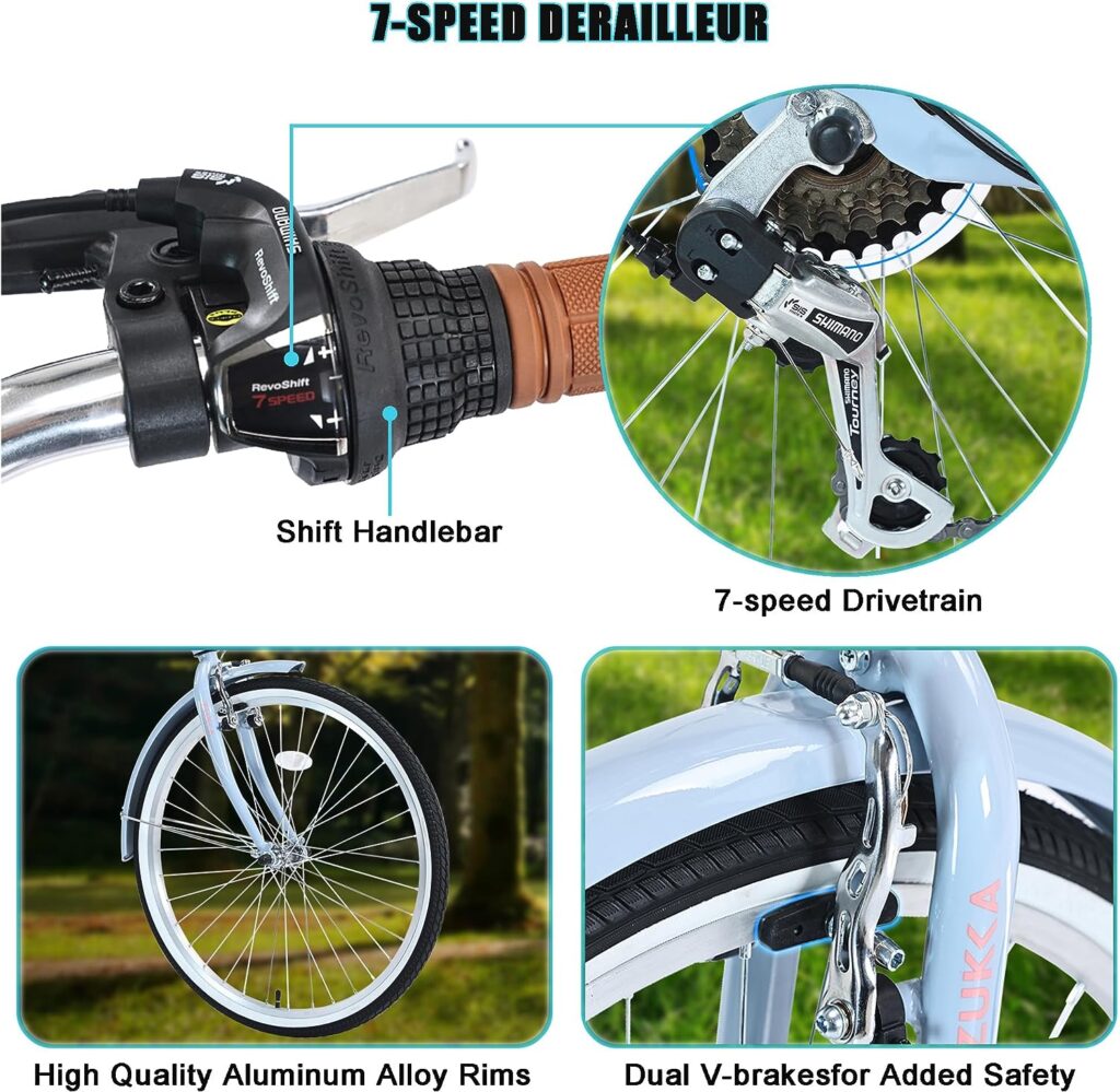 GOJLEX Beach Cruiser Bike for Women, 26” Cruiser Bike 7 Speeds, Lightweight High Carbon Steel Ladies Bike with Adjustable Saddle Rear Rack, Suggested Rider 5 to 62 Tall, Max Weights 300lbs