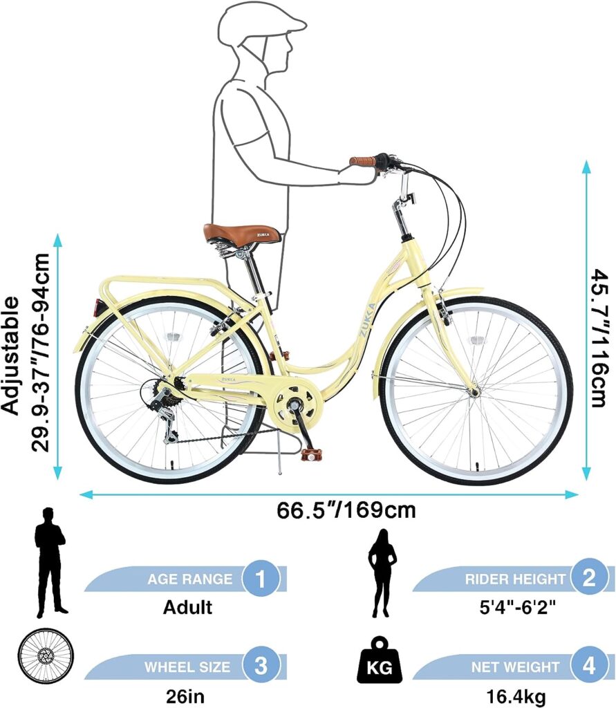 GOJLEX Beach Cruiser Bike for Women, 26” Cruiser Bike 7 Speeds, Lightweight High Carbon Steel Ladies Bike with Adjustable Saddle Rear Rack, Suggested Rider 5 to 62 Tall, Max Weights 300lbs