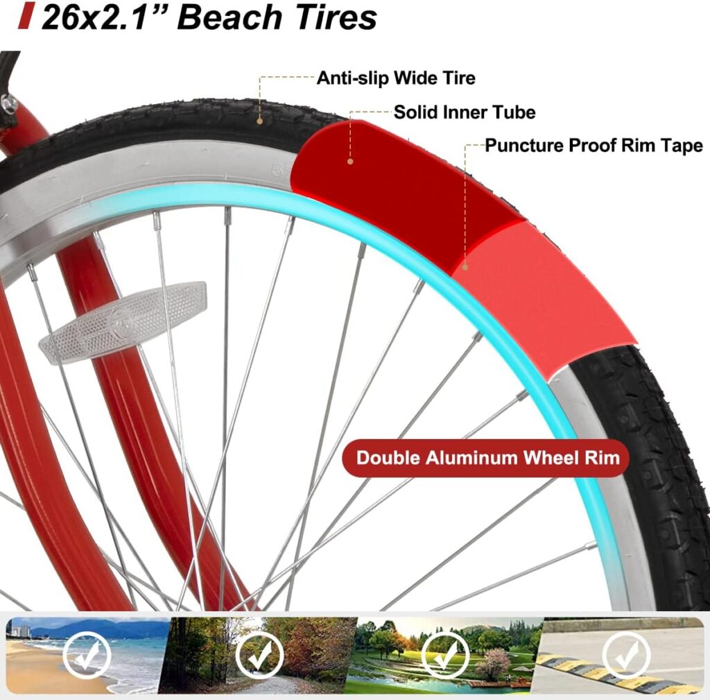 Hiland 26 Inch Womens Beach Cruiser Bike,Rear Coaster Brake,Low Step-Through Single Speed,Comfortable Seat with Dual Springs Commuter Bike for Woman Man Adult Boy and Girl