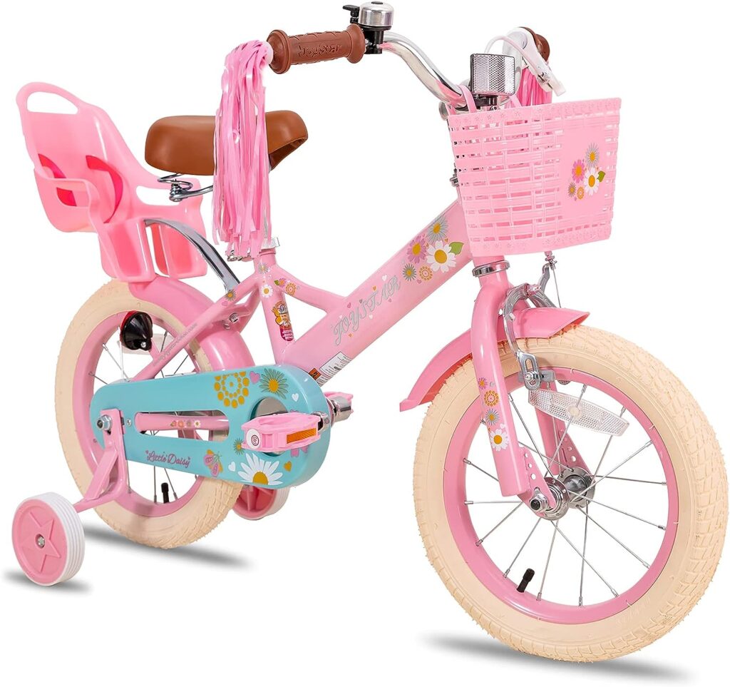 JOYSTAR Little Daisy Kids Bike for 2-7 Years Girls with Training Wheels  Front Handbrake 12 14 16 Inch Princess Kids Bicycle with Basket Bike Streamers Toddler Girl Bikes, Blue Pink White