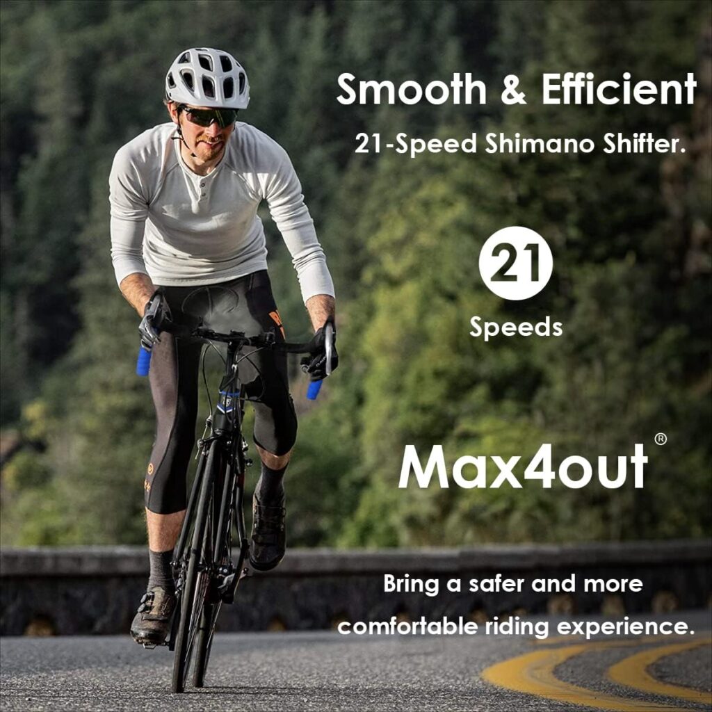 Max4out 700C Wheel Road Commuter Bike, 14/21 Speed Shimano Shifter, Dual Disc Brakes Racing Bicycle with Aluminum Alloy Frame for Men and Women(Blue/Red/Black/White)