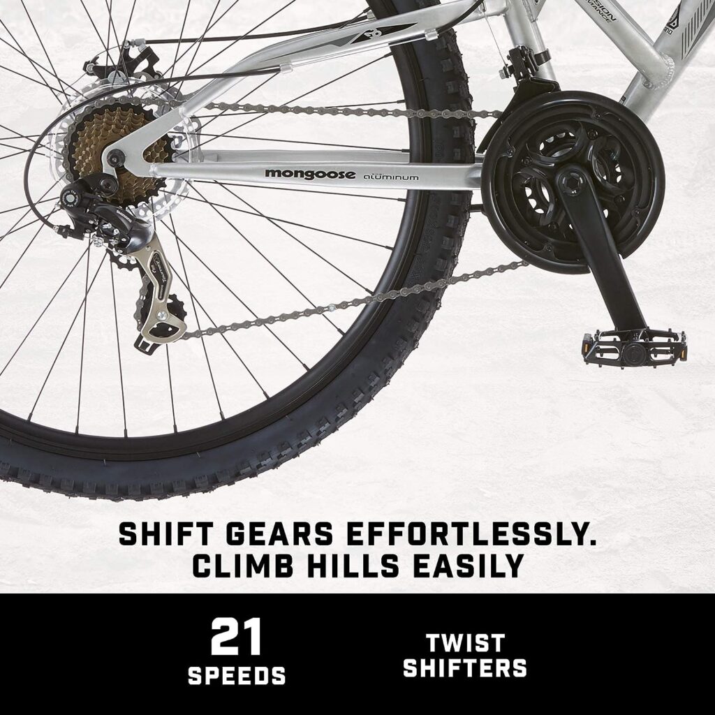 Mongoose Impasse Full Suspension Mountain Bike, Men and Women, Aluminum Frame, Twist Shifters, 21- Speed Rear Deraileur, Front and Rear Disc Brakes
