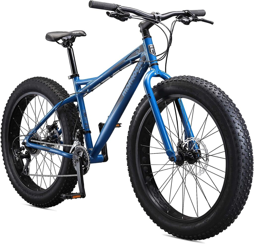 Mongoose Juneau Men and Womens Fat Tire Mountain Bike, 26x4-Inch Big Fat Wheels, 16-Speed Trigger Shifters, Adult Aluminum Mountain Frame, Blue