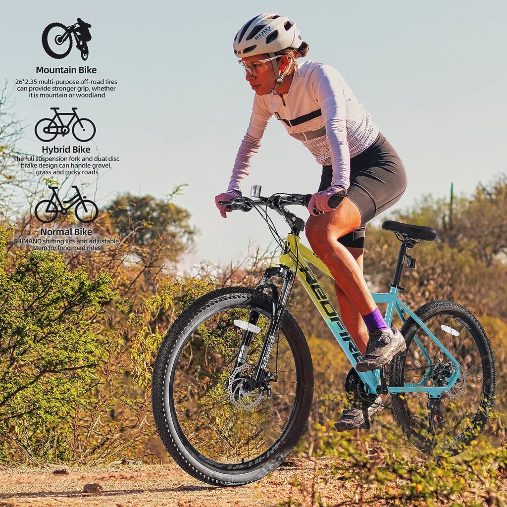 Redfire Mountain Bike for for Men and Women, 26-27.5-Inch Wheels, 21 Speed Drivetrain and Front Suspension, Dual Disc Brake and Adjustable Stem, Aluminum and Steel Frame, Youth/Adult Mountain Bike
