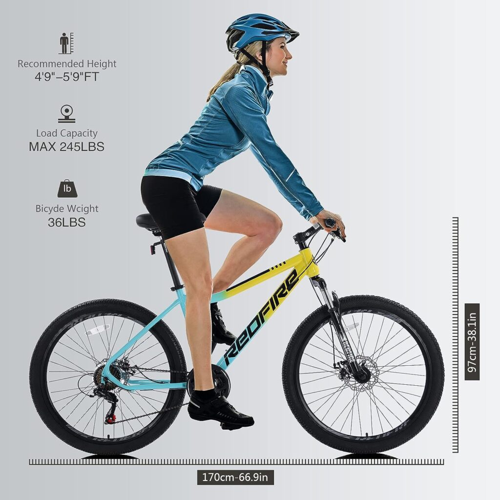 Redfire Mountain Bike for for Men and Women, 26-27.5-Inch Wheels, 21 Speed Drivetrain and Front Suspension, Dual Disc Brake and Adjustable Stem, Aluminum and Steel Frame, Youth/Adult Mountain Bike