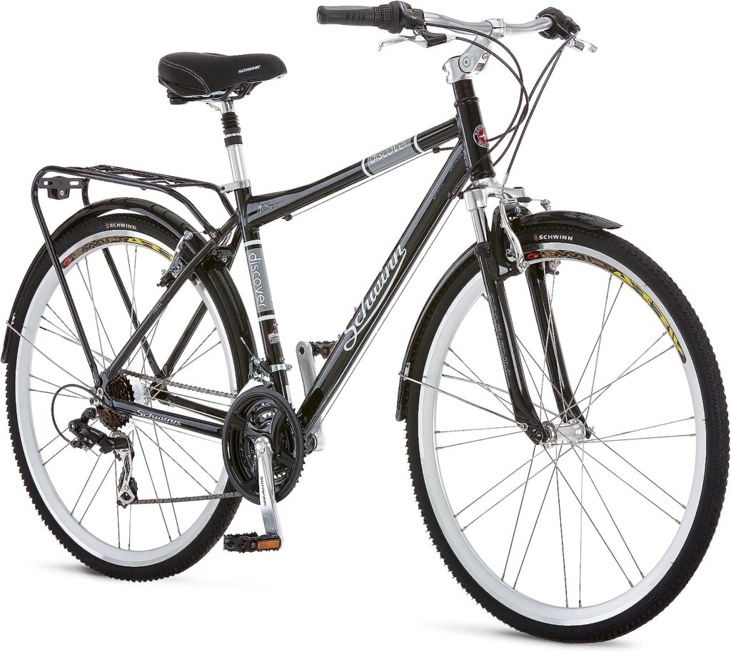 Schwinn Discover Mens and Womens Hybrid Bike, 21 Speed, 28-Inch Wheels, Step-Through or Step-Over Frame, Front and Rear Fenders, Rear Cargo Rack