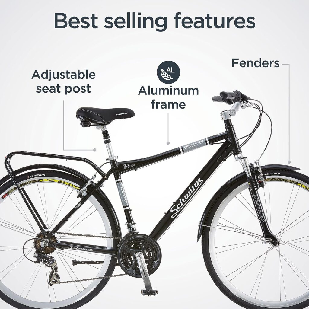 Schwinn Discover Mens and Womens Hybrid Bike, 21 Speed, 28-Inch Wheels, Step-Through or Step-Over Frame, Front and Rear Fenders, Rear Cargo Rack