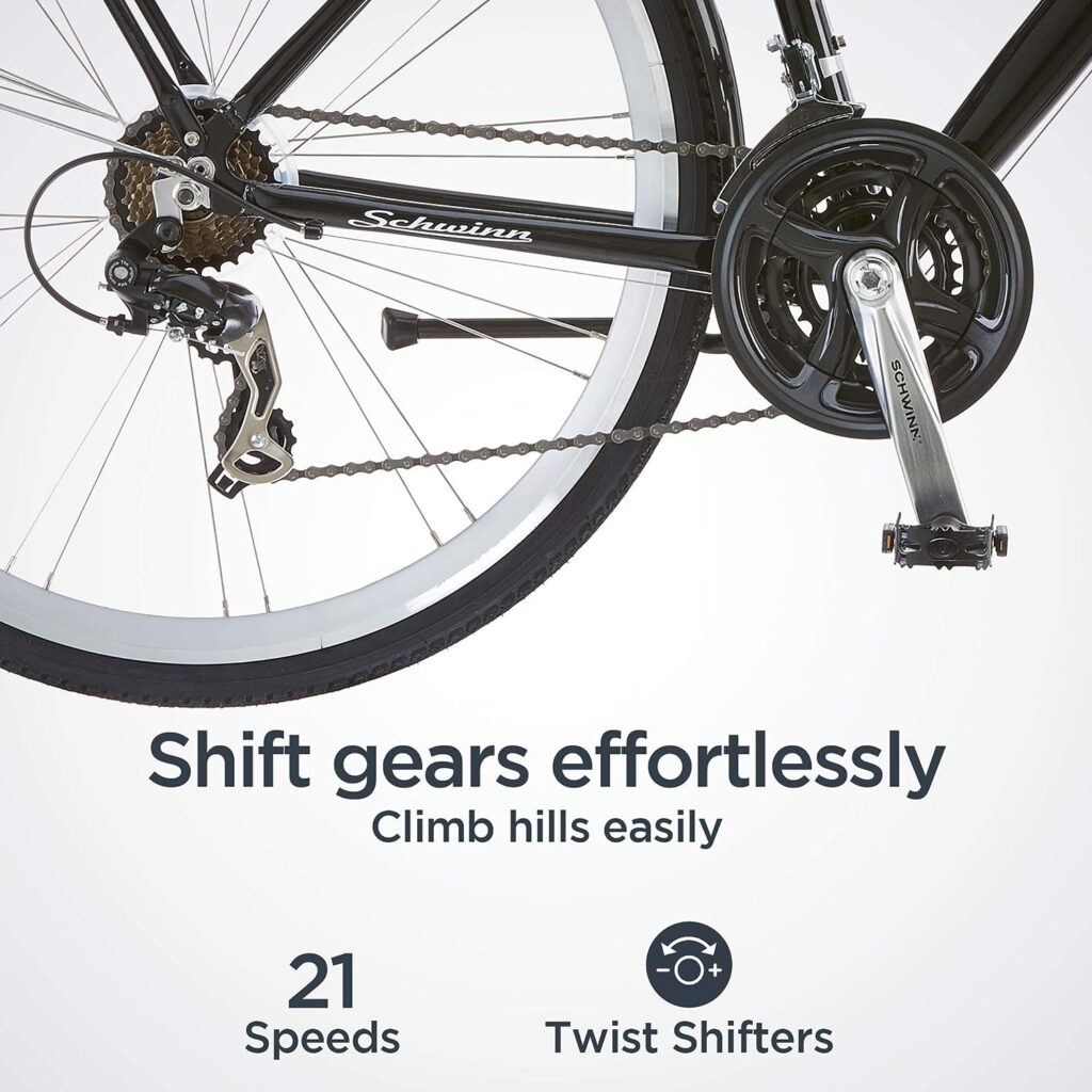 Schwinn Discover Mens and Womens Hybrid Bike, 21 Speed, 28-Inch Wheels, Step-Through or Step-Over Frame, Front and Rear Fenders, Rear Cargo Rack