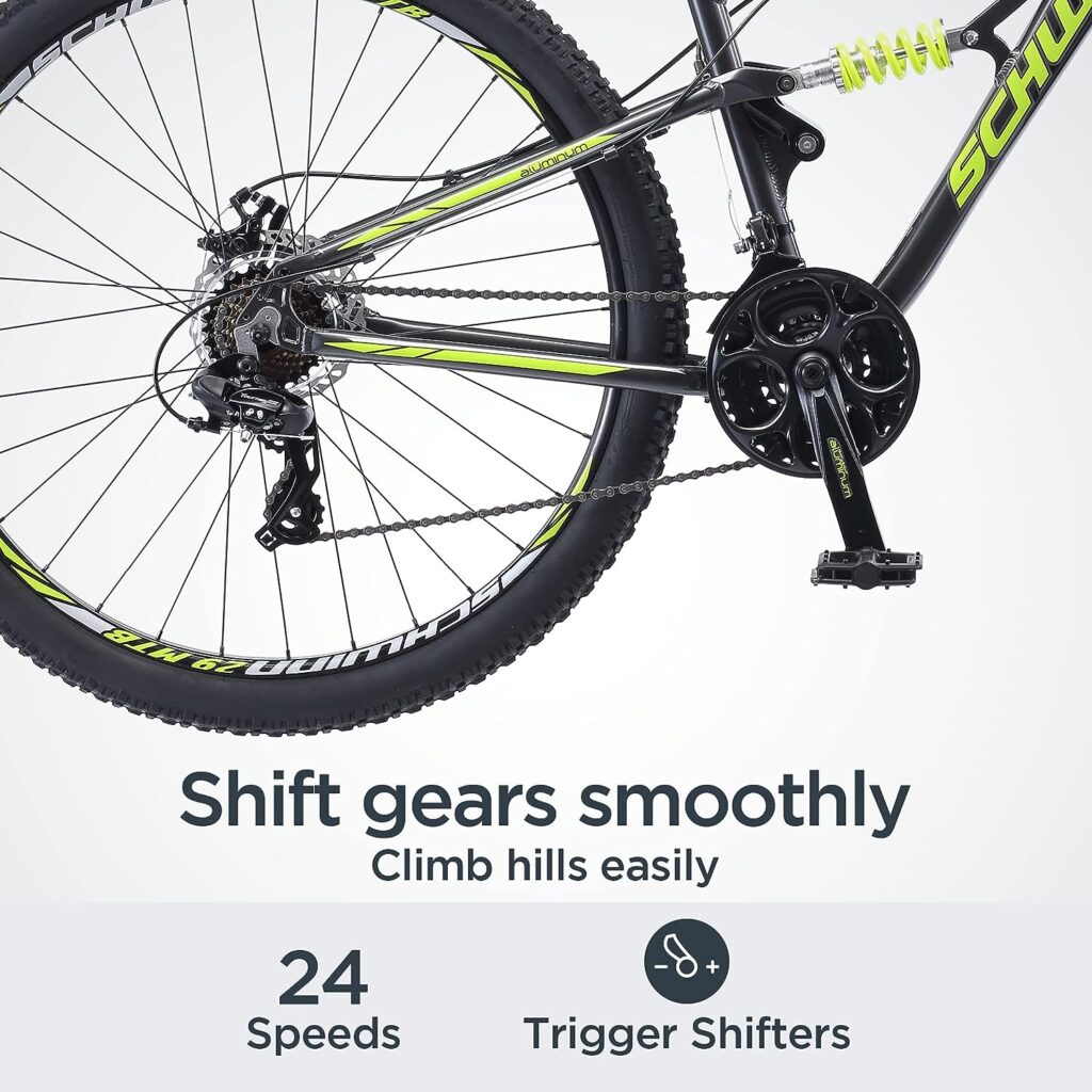 Schwinn Traxion Mens and Womens Mountain Bike, 29-Inch Wheels, 24-Speed Shifters, Full Suspension, Mechanical Disc Brakes, Blue/Grey