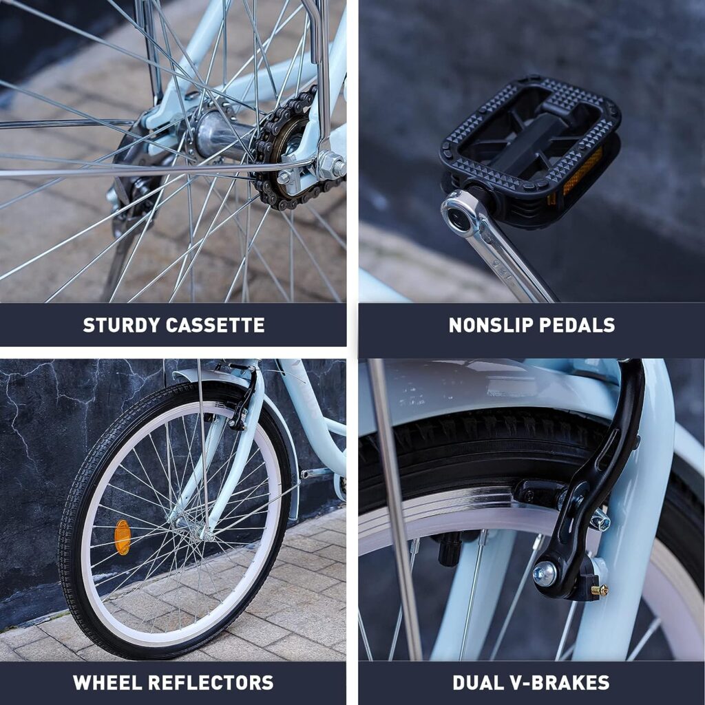 Viribus Womens Cruiser Bike, 24 26 Inch Beach Cruiser Bike, Womens Bikes with Basket, Dual V Brakes, Adjustable Step Through Bike with Rack, Single Speed Commute Bike for Women Adults, Womens Bicycle