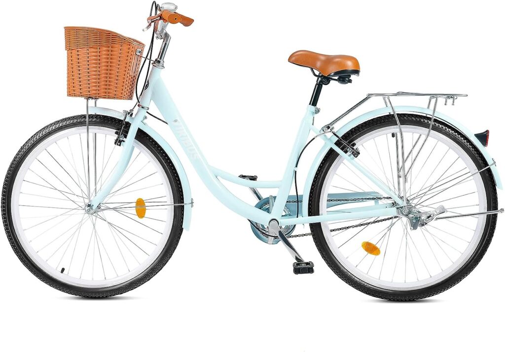 Viribus Womens Cruiser Bike, 24 26 Inch Beach Cruiser Bike, Womens Bikes with Basket, Dual V Brakes, Adjustable Step Through Bike with Rack, Single Speed Commute Bike for Women Adults, Womens Bicycle