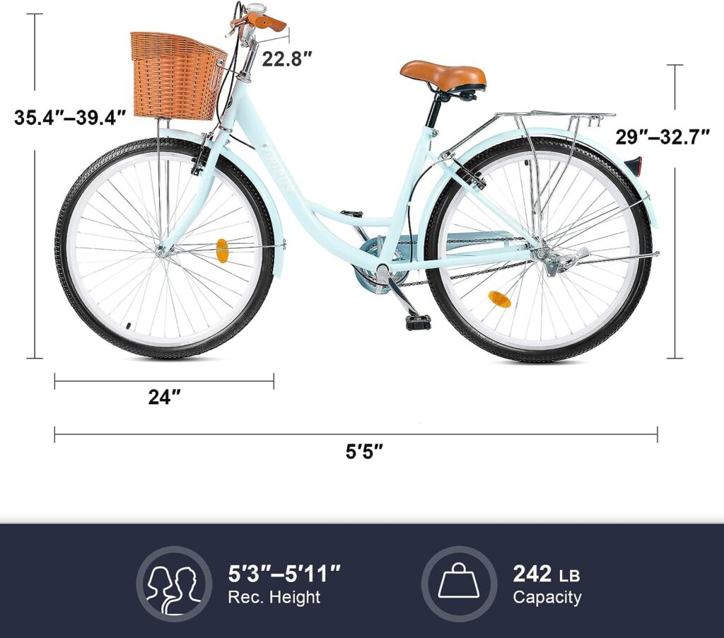 Viribus Womens Cruiser Bike, 24 26 Inch Beach Cruiser Bike, Womens Bikes with Basket, Dual V Brakes, Adjustable Step Through Bike with Rack, Single Speed Commute Bike for Women Adults, Womens Bicycle