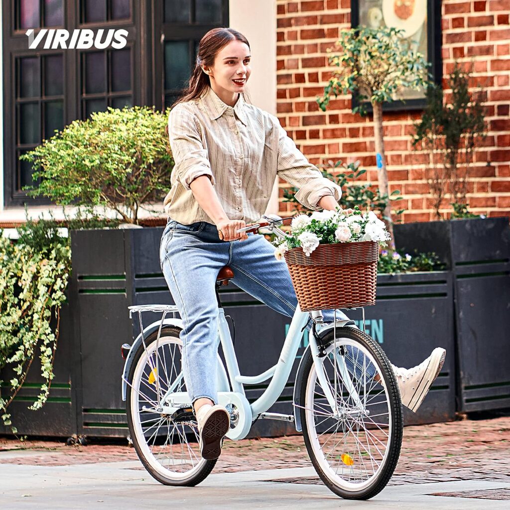 Viribus Womens Cruiser Bike, 24 26 Inch Beach Cruiser Bike, Womens Bikes with Basket, Dual V Brakes, Adjustable Step Through Bike with Rack, Single Speed Commute Bike for Women Adults, Womens Bicycle