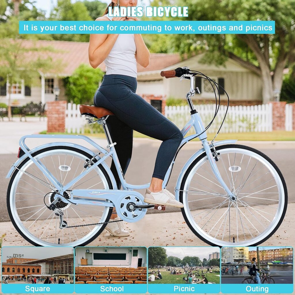 Womens Beach Cruiser Bike 26 Inch Bicycles for Women Adjustable Seat, 7 Speed Commute Bike for Women Adults, Womens Bicycle